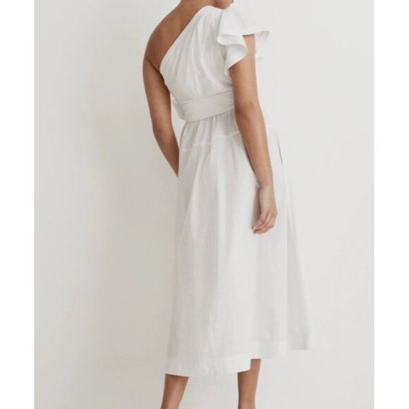 Madewell Sz 16 Dress Ruffled One-Shoulder Midi White Cotton Classic Minimalist - Picture 3 of 8